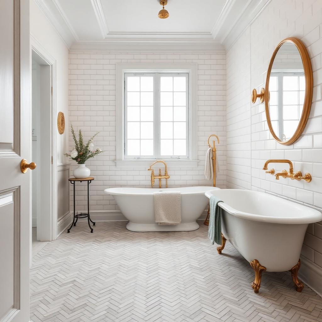 Classic herringbone floor bathroom renovation