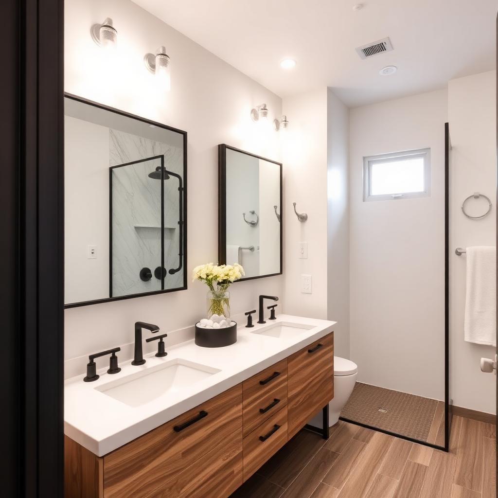 Black-framed double vanity bathroom renovation